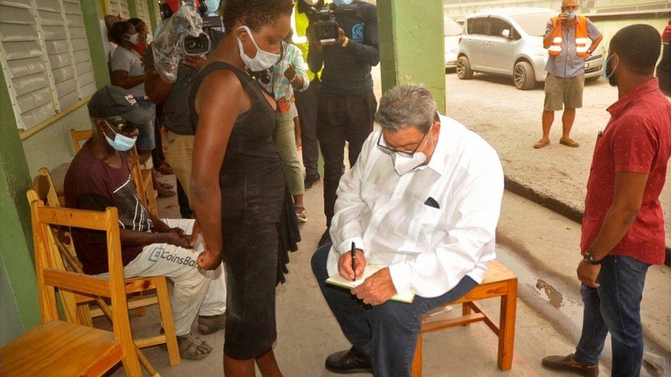 Prime Minister Ralph Gonsalves visits a shelter in St Vincent