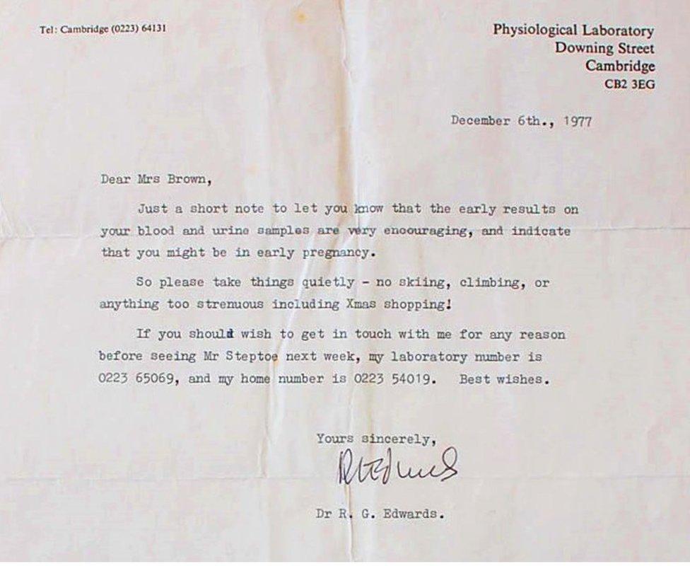 Correspondence from a doctor, which forms part of the Lesley Brown archive, a collection of items kept by the mother of the world's first test tube baby.