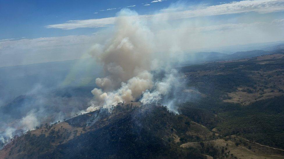 Smoke rises from the Alpha Road bushfire in NSW