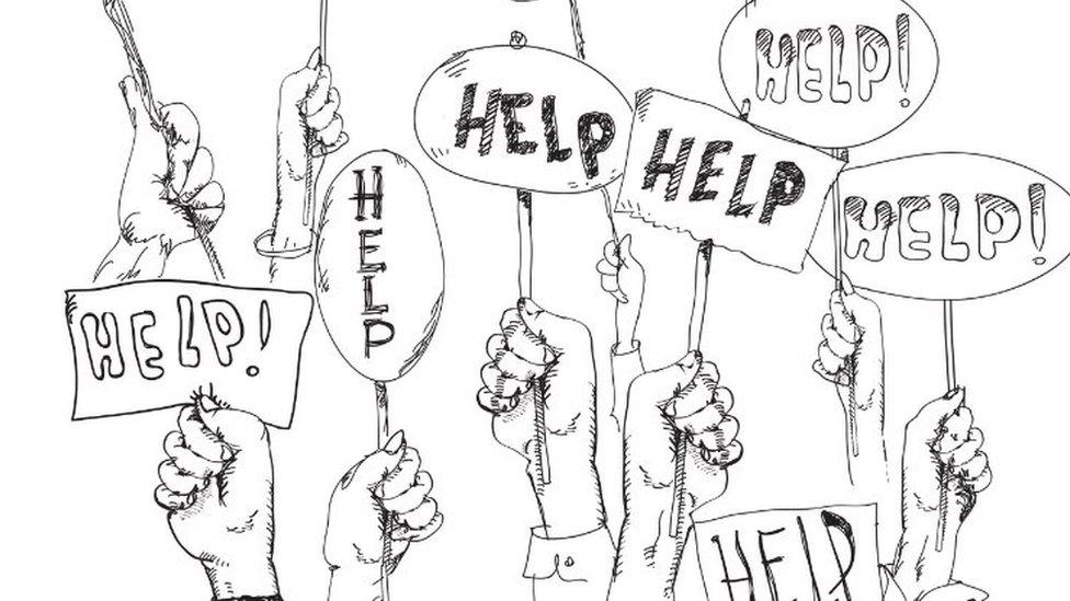 Black and white illustration of hands holding 'help' signs