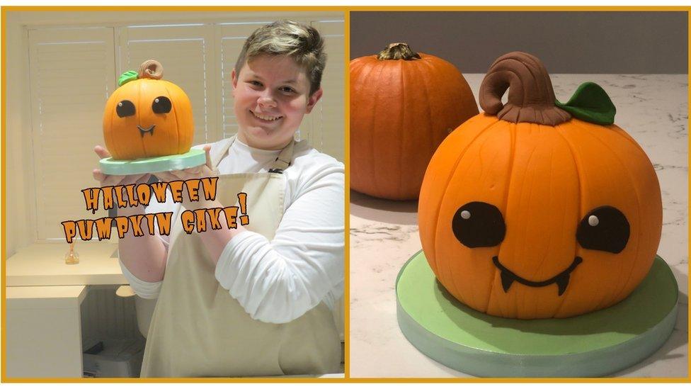 JUNIOR BAKE OFF WINNER 2019, FIN, WITH HIS PUMPKIN ILLUSION CAKE