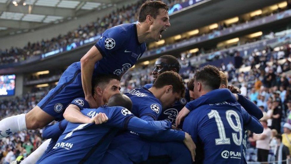 Chelsea players celebrate their goal