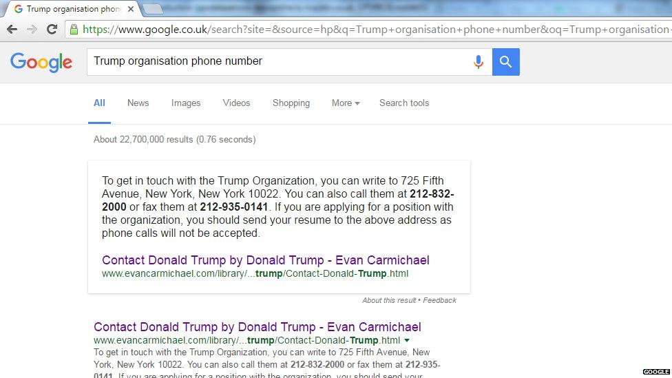 A screengrab of trumps business contact details from GOogle