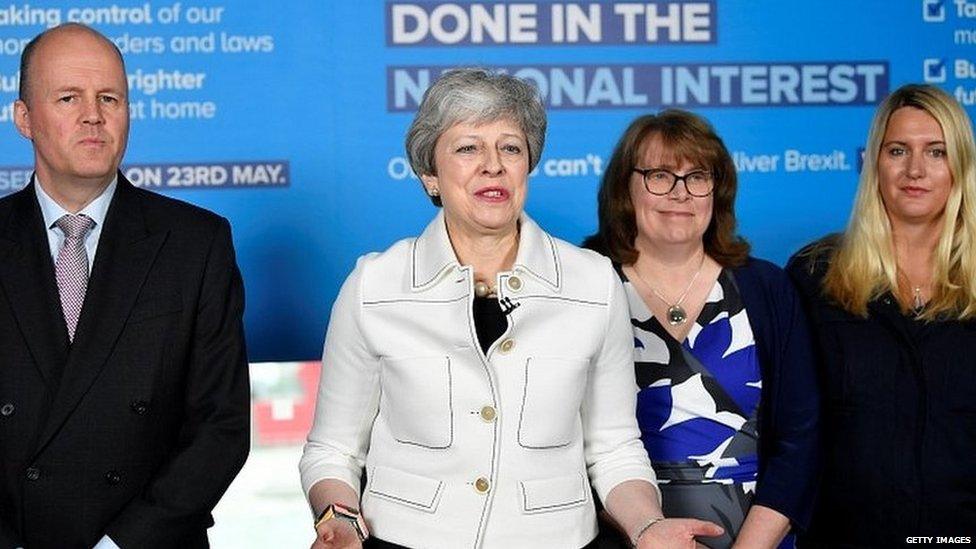 Theresa May speaking alongside Conservative European election candidates in Bristol