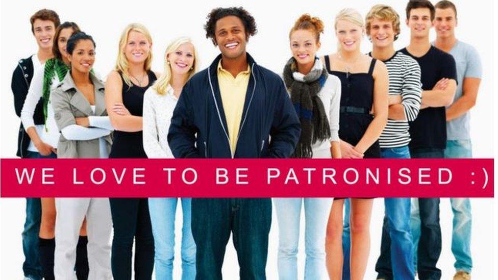 A parody poster with a group of young people behind the strap line, We Love Being Patronised