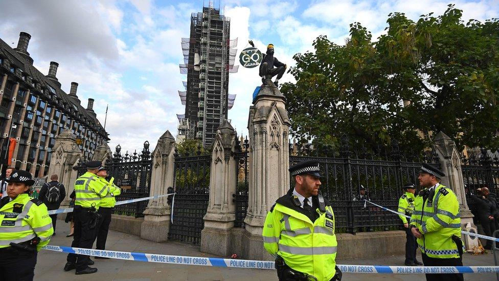 Protester sits on the railings outside Parliament