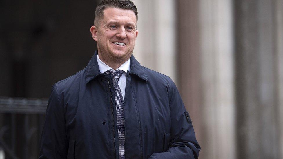 Tommy Robinson leaving the Royal Courts of Justice, London, for the libel case brought against him by Jamal Hijazi.