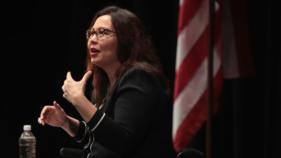 U.S. Senator Tammy Duckworth speaks during a town hall meeting.