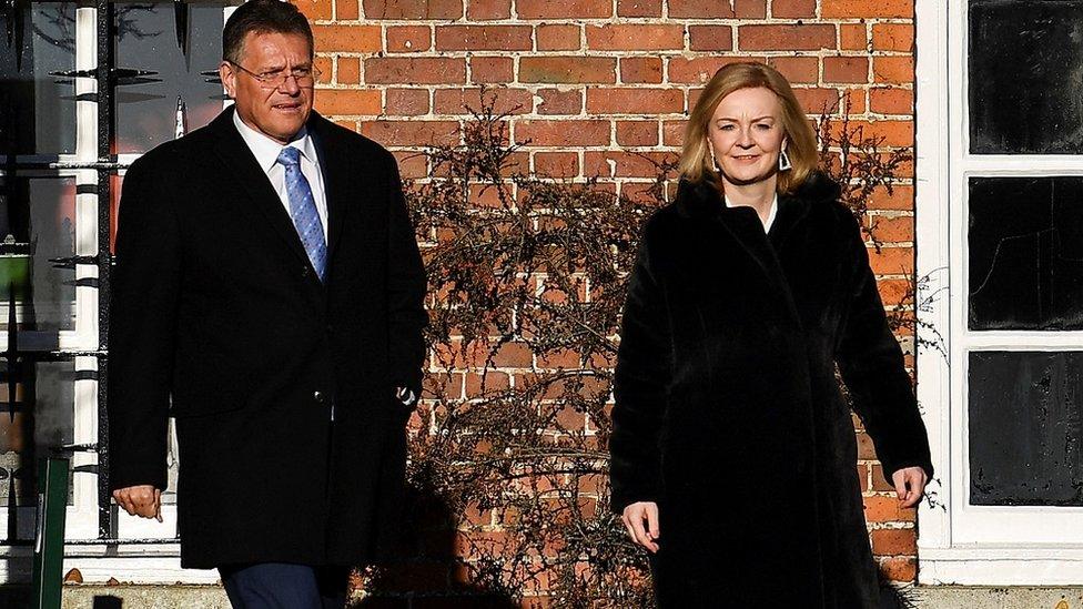 British Foreign Secretary Liz Truss walks with European Commission Vice-President Maros Sefcovic at Chevening House in Sevenoaks, south of London,