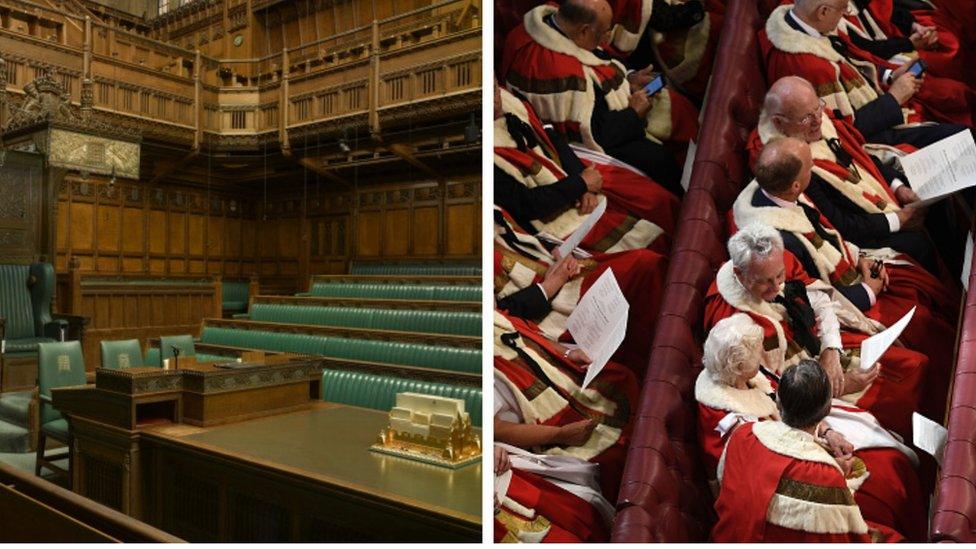 Split screen. One side showing green seats of House of Commons. Another showing red seats of House of Lords.