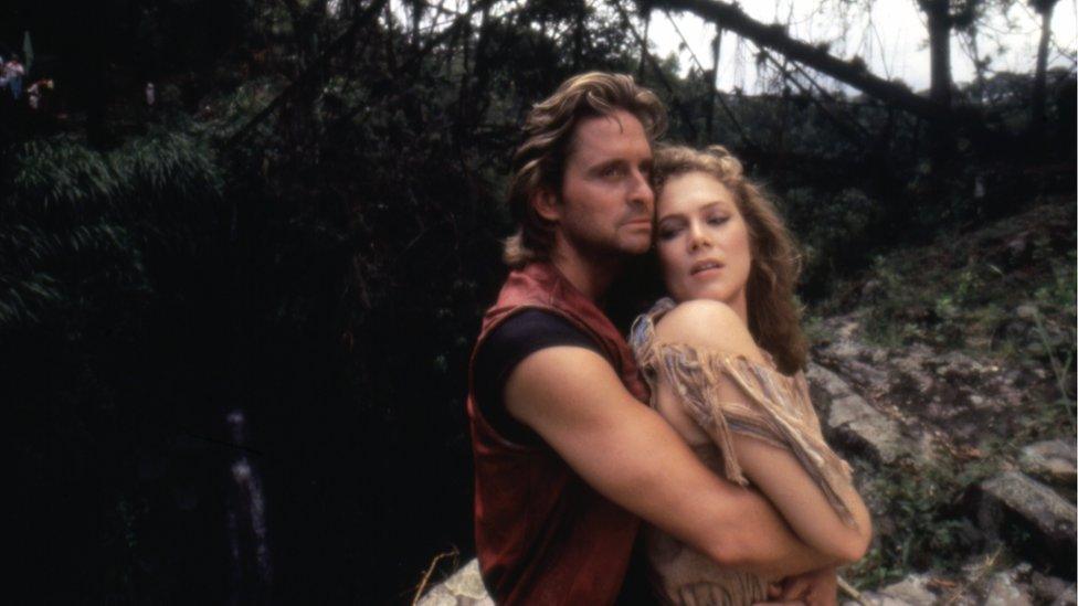 American actors Michael Douglas and Kathleen Turner on the set of Romancing the Stone