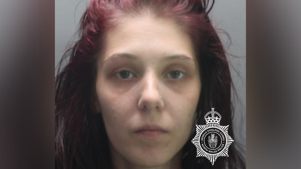 A mugshot of a woman with died red-purple hair. She is pale with a nose stud and is looking directly at the camera