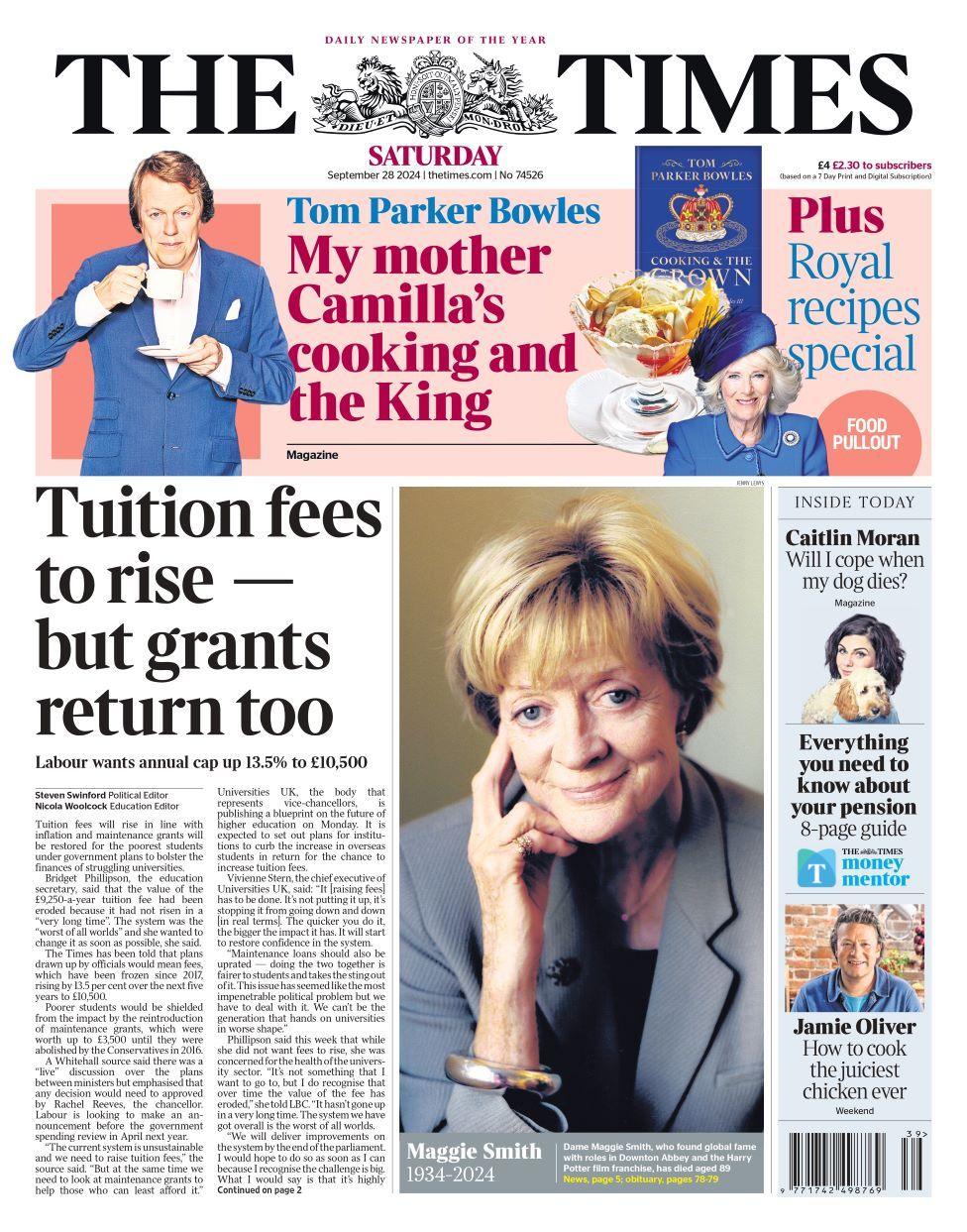 The Times front page 28 September