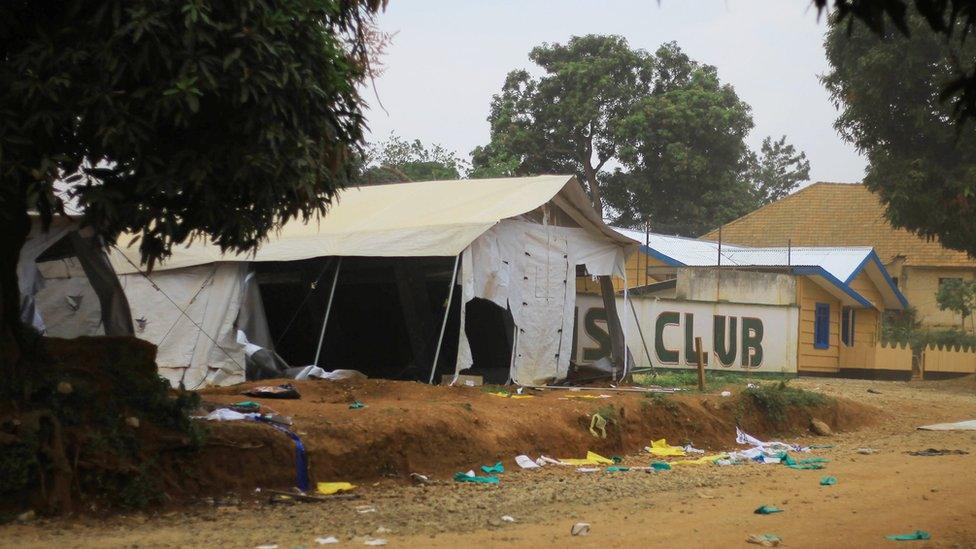 Partly destroyed tent of Ebola centre