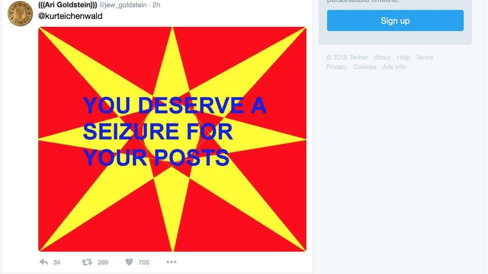 The red and yellow picture with blue lettering tweet which allegedly caused the seizure