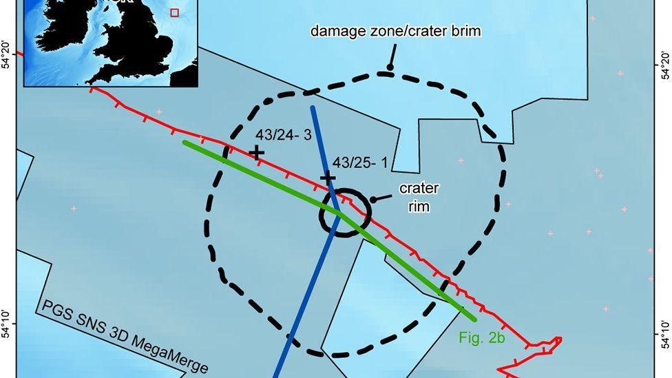 A chart showing the location of the asteroid crater and its size