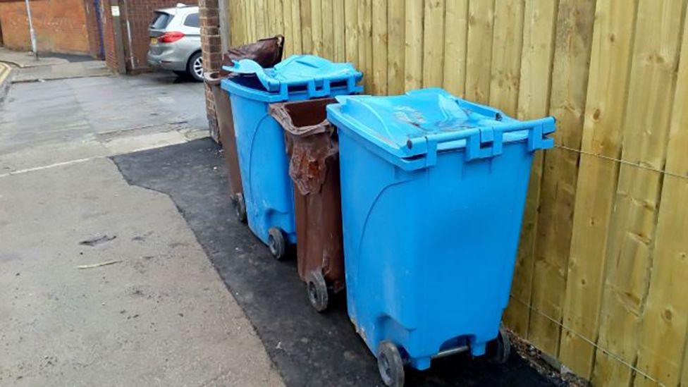 Four brown and blue wheelie bins against a wooden fence showing signs of fire damage with the lids of all four melted 