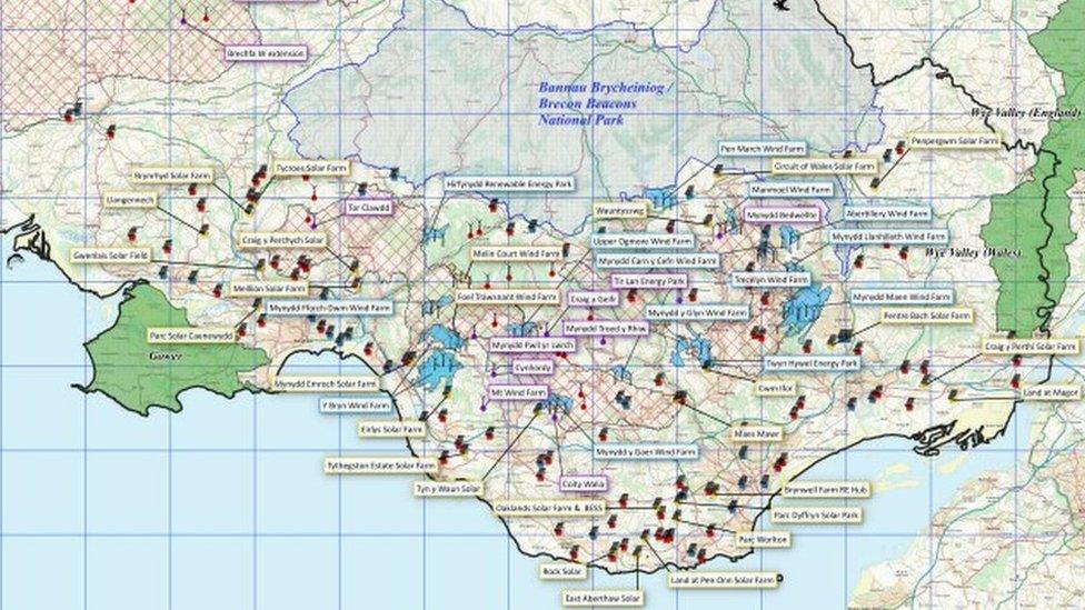 Map of south Wales showing existing and proposed energy projects