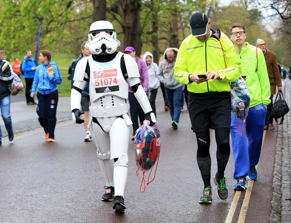 A Storm Trooper walks to the starting line