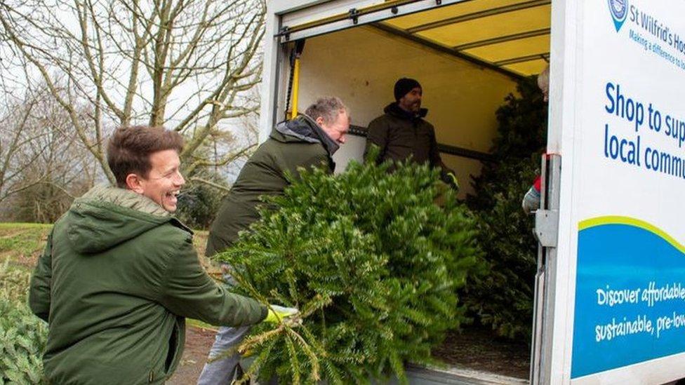 Three volunteers loading Christmas trees into a van