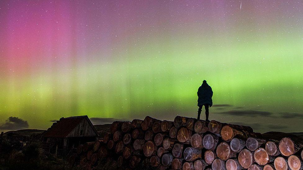 A person stands on a pile of logs in a rural part of the Highlands, they are silhouetted against the night sky with the purple and green of the northern lights in full view amongst a few stars, uploaded to BBC Weather Watchers on 12 September