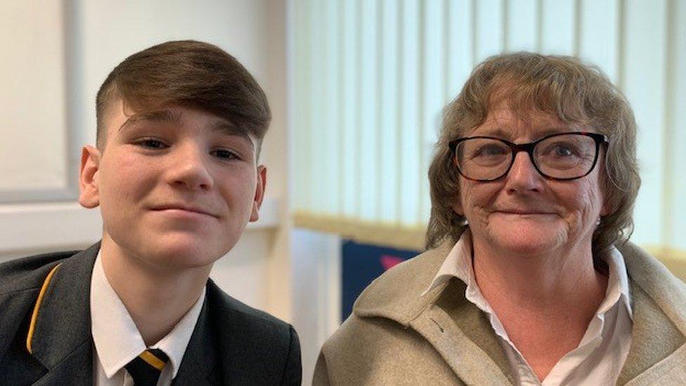 The teenager, pictured with grandmother Barbara Evans, is now looking forward to his mum's release