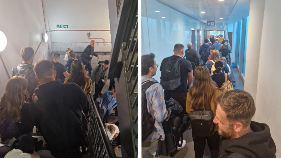 Two pictures of passengers being evacuated from Bristol Airport. There are crowds. 