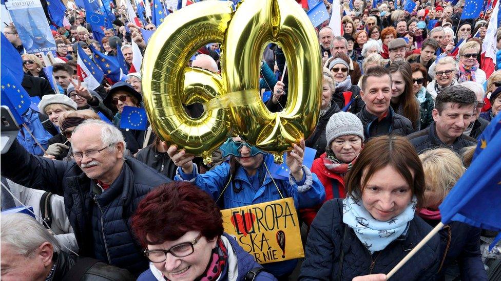 People attend a march called "I love Europe" to celebrate the 60th anniversary of the Treaty of Rome in Warsaw, Poland March 25, 2017