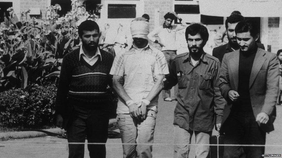 US hostages paraded outside the US embassy in Tehran