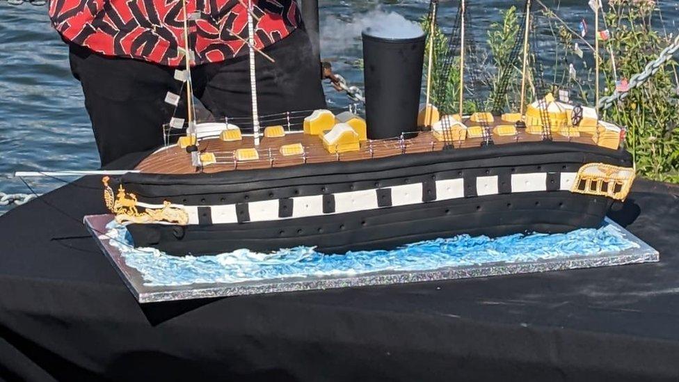 Cake replica of SS Great Britain with smoking funnel