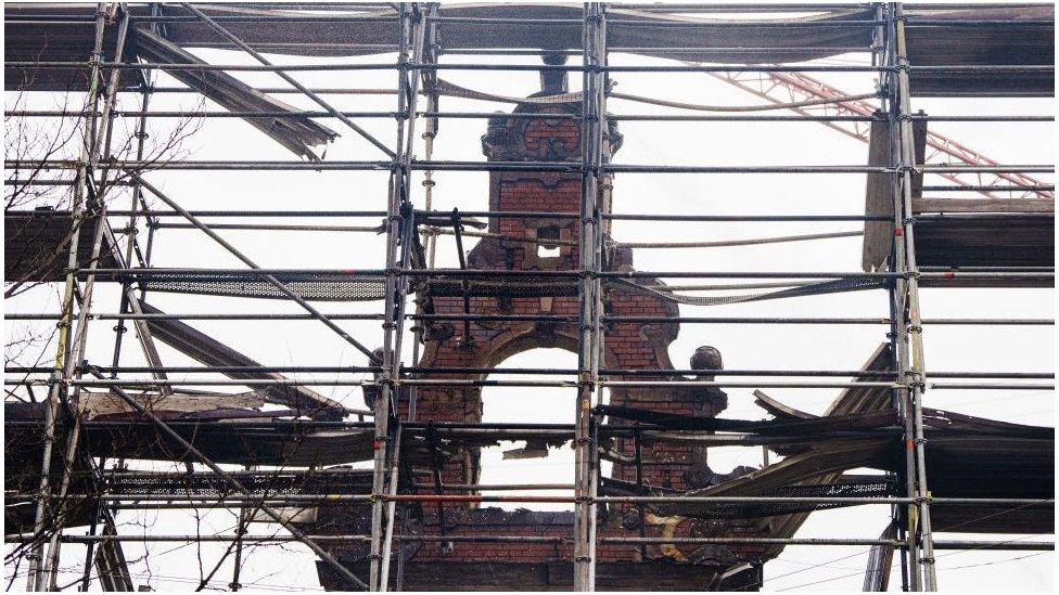 The historic Borsen Stock Exchange one day after a fire ravaged the building and its iconic spire in Copenhagen on April 17, 2024.