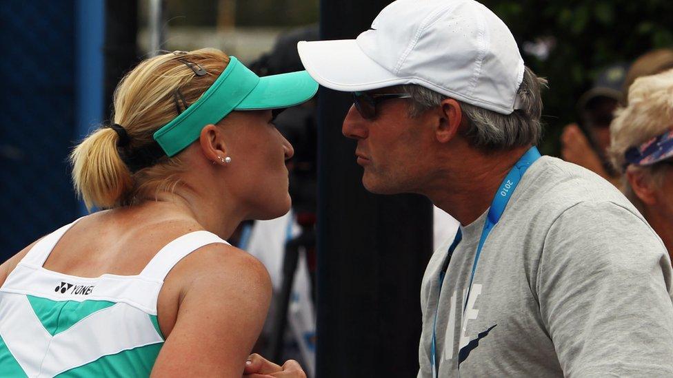 Elena Baltacha of Great Britain is congratulated by her father Sergei Baltacha after winning her second round match in the 2010 Australian Open