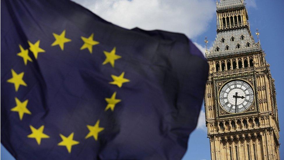 European Union flag and the Houses of Parliament