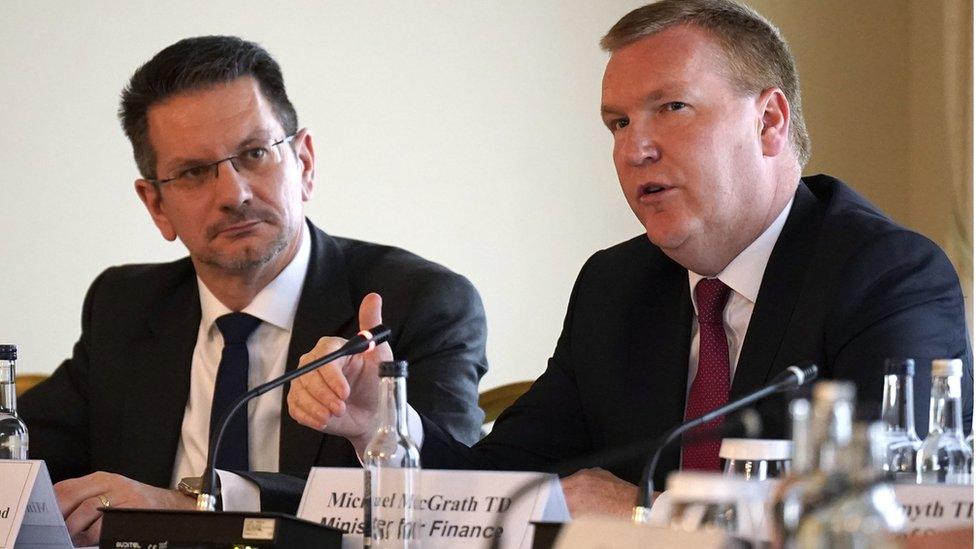 Northern Ireland Office minister Steve Baker (left) listening to Irish Minister for Finance Michael McGrath during the Kildare meeting