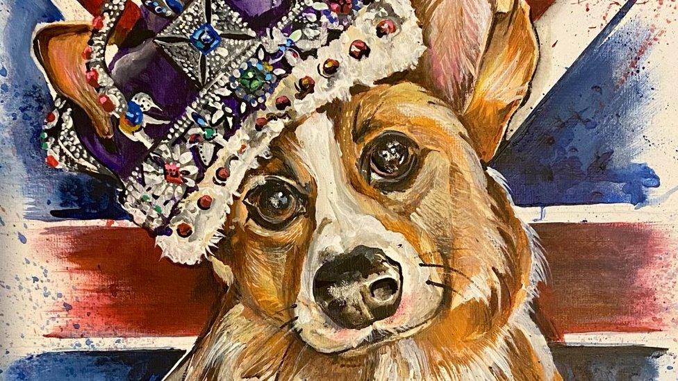 Painting of corgi wearing a crown