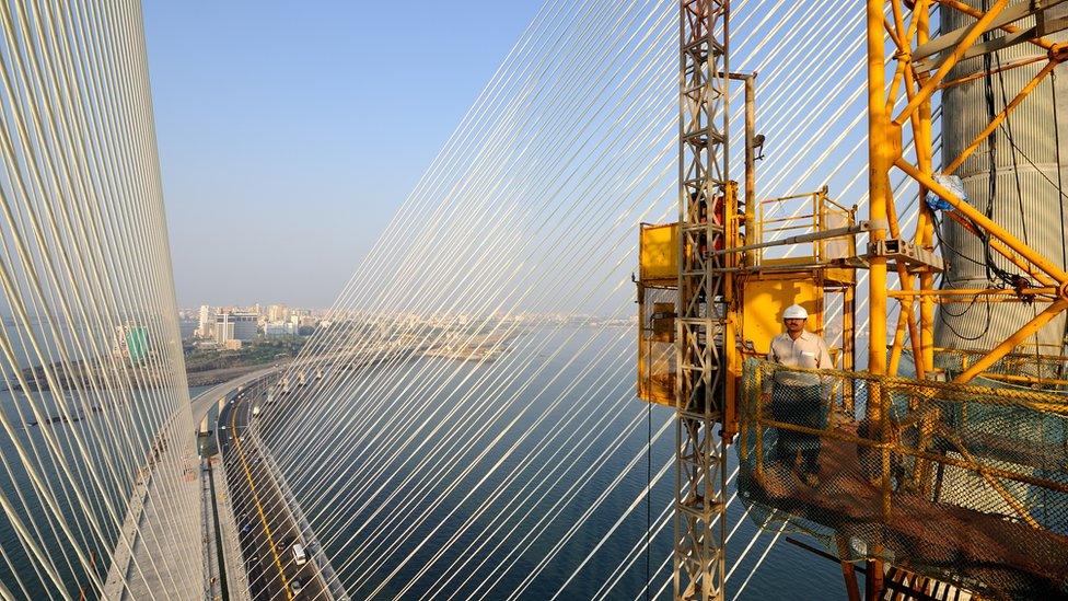 The Rajiv Gandhi Sea Link Project in Mumbai. The Rajiv Gandhi Sea Link Project, also known as the Bandra Worli Sea Link (BWSL), is a cable-stay bridge which connects the Bandra and Worli neighborhoods of Mumbai on April 14, 2010 in Mumbai, India