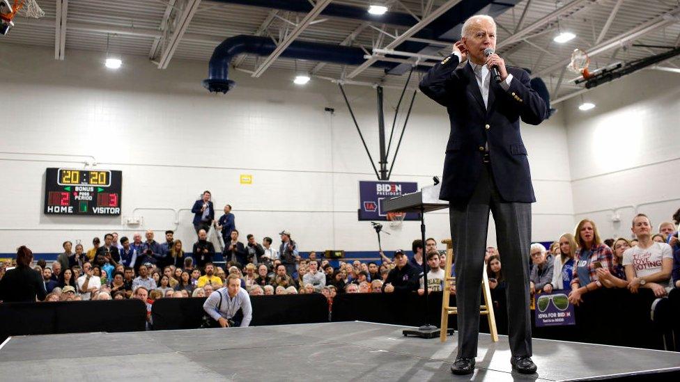 Democratic presidential candidate former Vice President Joe Biden speaks during a campaign event at Hiatt Middle School on February 2, 2020 in Des Moines, Iowa.