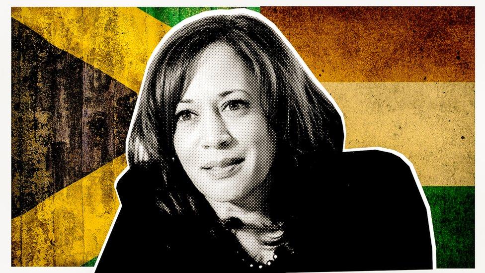 Kamala Harris composite with Jamaica and India flags