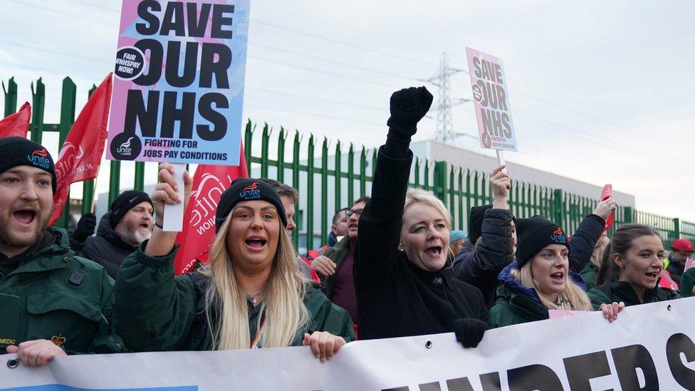 Striking ambulance workers on a picket line in Coventry with Unite general secretary Sharon Graham