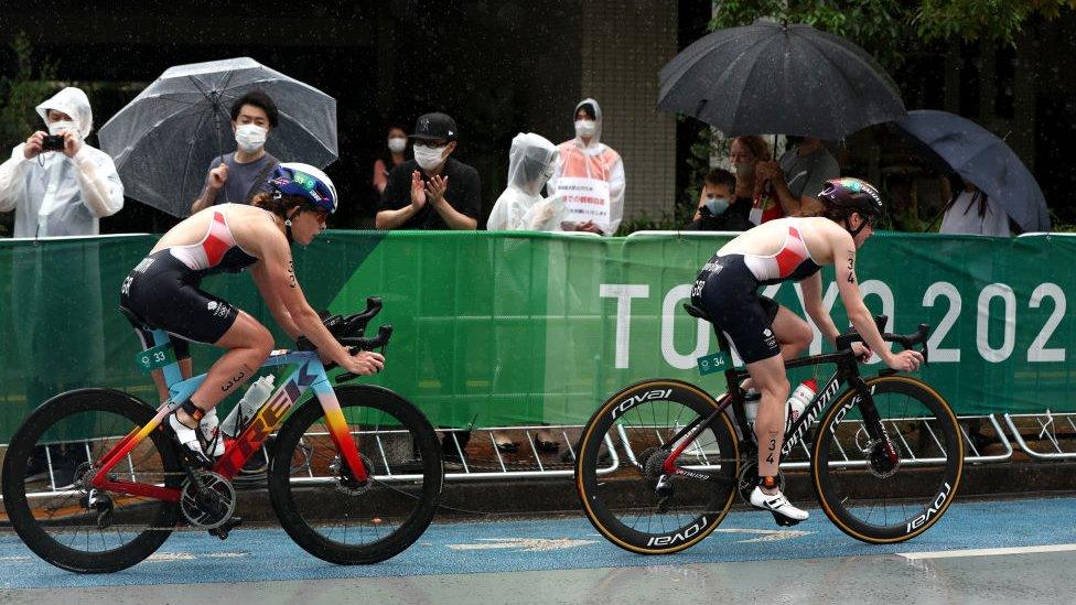 Georgia Taylor-Brown of Team Great Britain and Jessica Learmonth of Team Great Britain compete during the Women's Individual Triathlon.