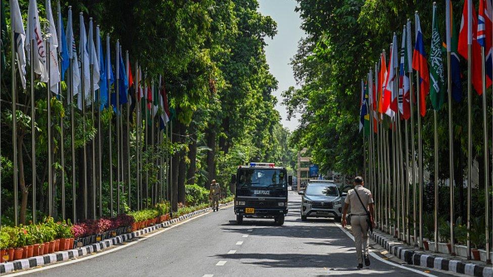 Flags of participating countries are pictured near the G20 venue ahead of its commencement at Rajghat Area on September 4, 2023 in New Delhi, India. (