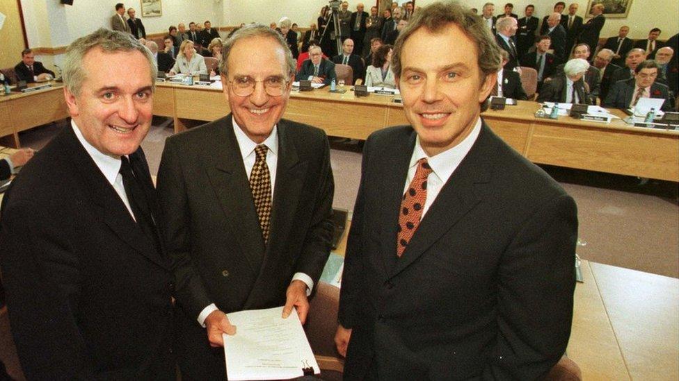 Bertie Ahern, George Mitchell and Tony Blair in 1998