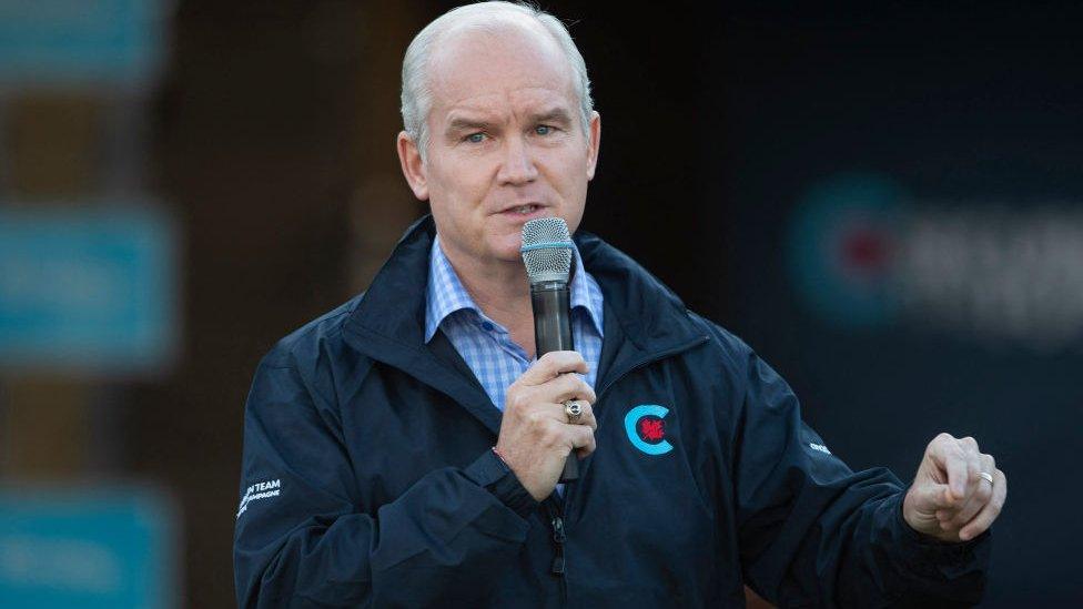 Canada's Conservative Party leader Erin O'Toole speaks to a crowd of supporters as he campaigns