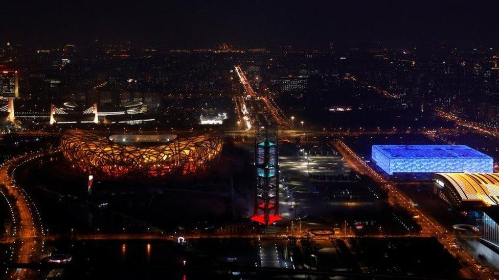 A view of the National Stadium and the National Aquatics Center a year ahead of the opening of the 2022 Winter Olympic Games, in Beijing