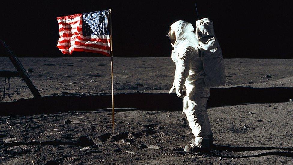 Buzz Aldrin with the US flag on the Moon on 20 July 1969