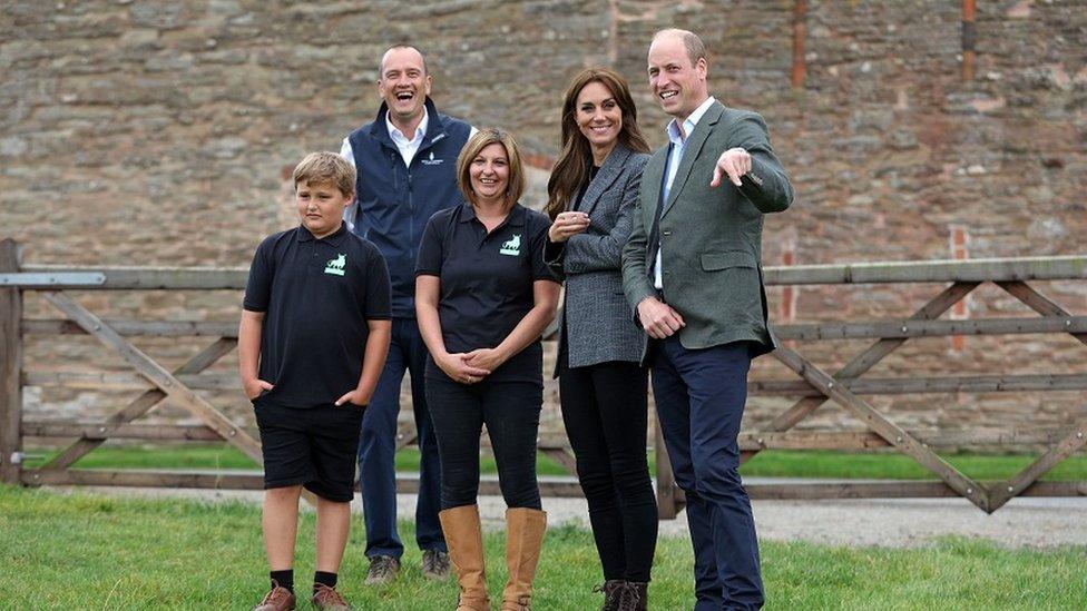 The Prince and Princess of Wales pose with Alfie Stables (left), Sam Stables (second left), and Emily Stables (centre) during their visit to the We Are Farming Minds Charity at Kings Pitt Farm in Hereford