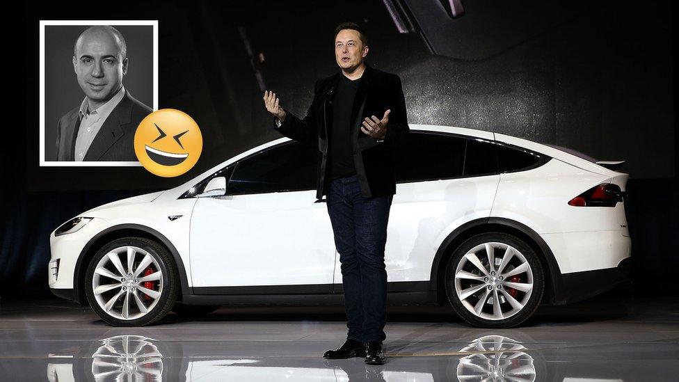 Image shows Elon Musk talking in front of a white car, top left inset image shows Yuri Milner.