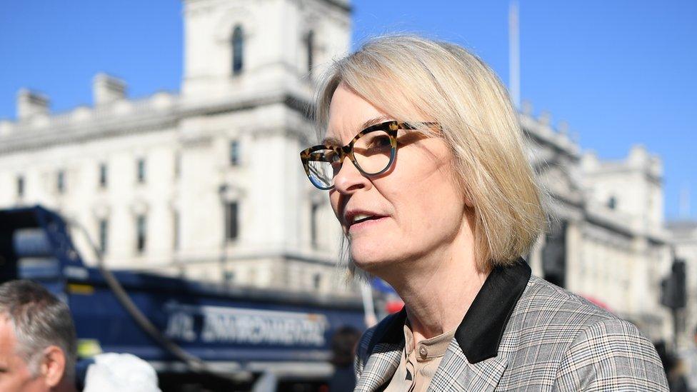 Margot James, standing in the sunshine outside the houses or parliament