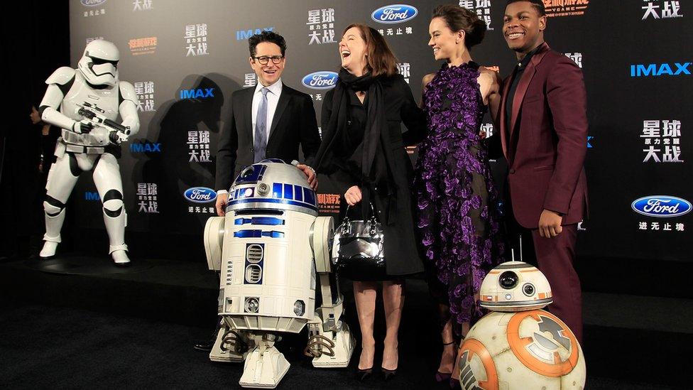 Star Wars director J.J. Abrams and producer Kathleen Kennedy with stars Daisy Ridley and John Boyega at the Shanghai premiere in December