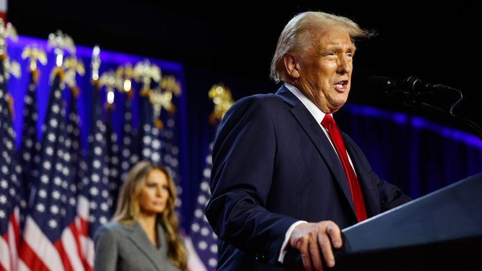 Republican presidential nominee, former U.S. President Donald Trump speaks during an election night event at the Palm Beach Convention Center on November 06, 2024 in West Palm Beach, Florida.